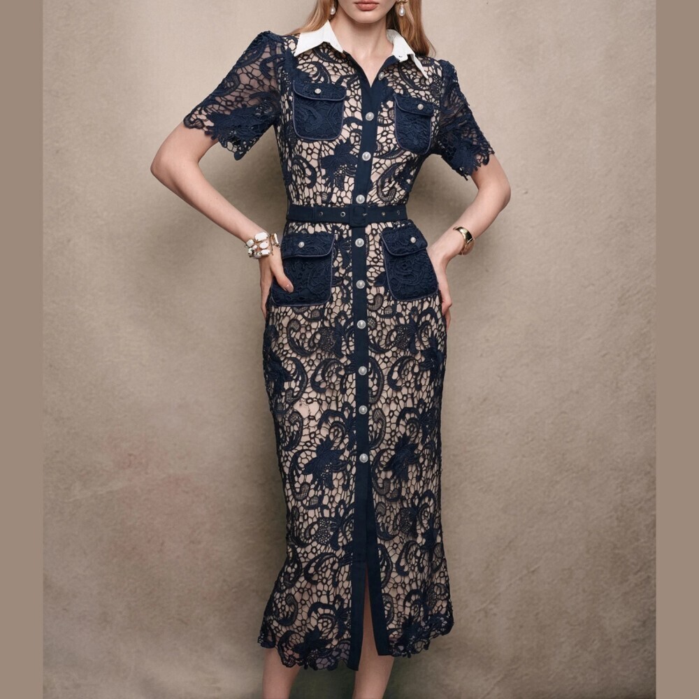 Navy Guipure Lace Contrast Collar Cargo Pocket Belted Midi Shirt Dress